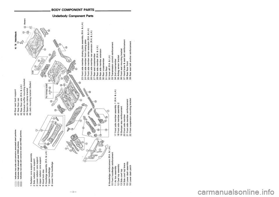 NISSAN ALMERA N15 1995  Service Manual UnderbodyComponent Parts REPLACEMENT'
OPERATIONS
Rear Fender 
3-doorhatchback

@ 
1
or 
11 1

@ 
1
or 
11 1

112

111

112

114

113
-\

M, 
I.
G plug weld MIG Id/
(For 3panels plugweld method )P: