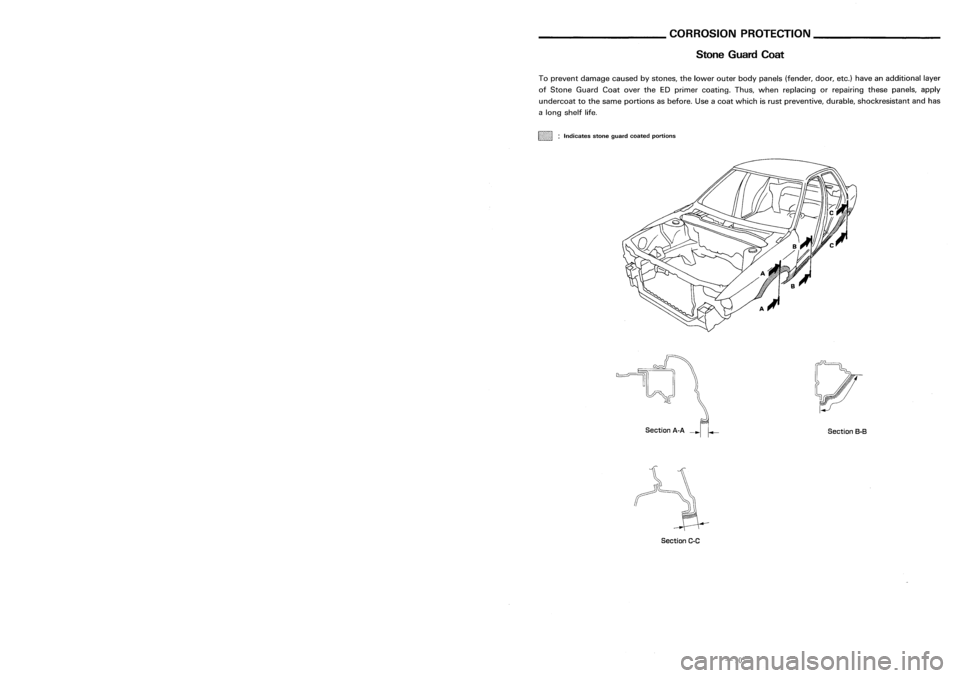 NISSAN ALMERA N15 1995  Service Manual REPLACEMENTOPERATIONS
Front SideMember (PartialReplacement)
(Work afterradiator coresupport hasbeen removed.) ________
CORROSIONPROTECTION _
Stone Guard Coat
SectionB-B
Section
A-A
--r':":'