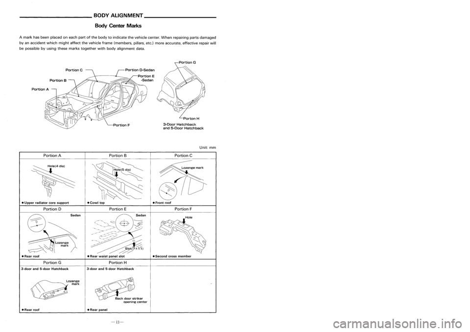 NISSAN ALMERA N15 1995  Service Manual Description
_________
BODYALIGNMENT _
Body Center Marks ________
REPLACEMENTOPERATIONS _

SYMBOLS FORCUITING AND
WELDING/BRAZING OPERATIONS

..J

3-spot welds

(3-panel overlapping portions)

2-SDOt

