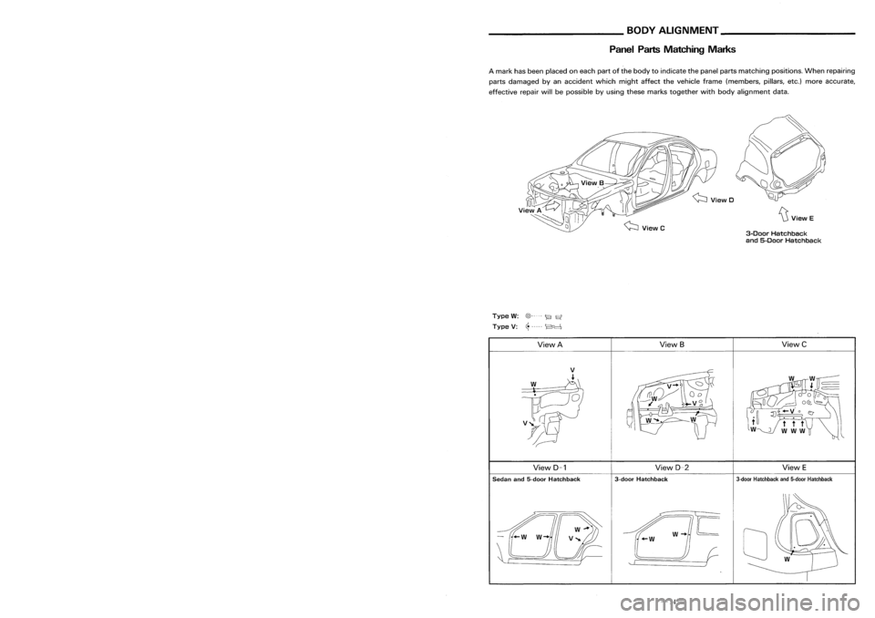NISSAN ALMERA N15 1995  Service Manual __________ PRECAUTIONS _
_ BODYALIGNMENT _
Precautions ForHandling HighStrength Steel
PanelPartsMatching Marks

~ViewE

3-Door Hatchback
and 5-Door Hatchback

A
mark hasbeen placed oneach partofthe bo