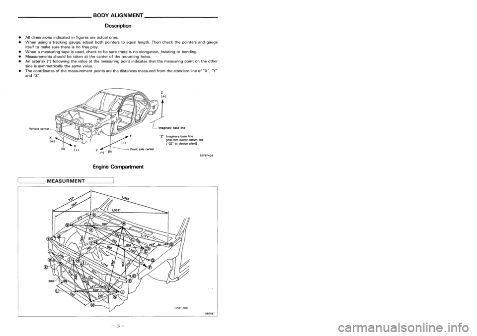 NISSAN ALMERA N15 1995 Service Manual __________ BODYALIGNMENT _
_ PRECAUTIONS _
Description PrecautionsForHandling HighStrength Steel
• Alldimensions indicatedinfigures areactual ones.
• When usingatracking gauge,adjustbothpointers NISSAN ALMERA N15 1995 Service Manual __________ BODYALIGNMENT _
_ PRECAUTIONS _
Description PrecautionsForHandling HighStrength Steel
• Alldimensions indicatedinfigures areactual ones.
• When usingatracking gauge,adjustbothpointers