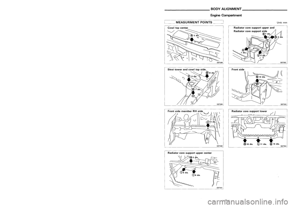 NISSAN ALMERA N15 1995  Service Manual __________ PRECAUTIONS ___________
BODYALIGNMENT _
Precautions ForHandling HighStregth Steel Engine
Compartment

__ MEASURMENT POINTS__

Unit:mm

Front side

SBT088

Traction direction: ...
Not
recomm