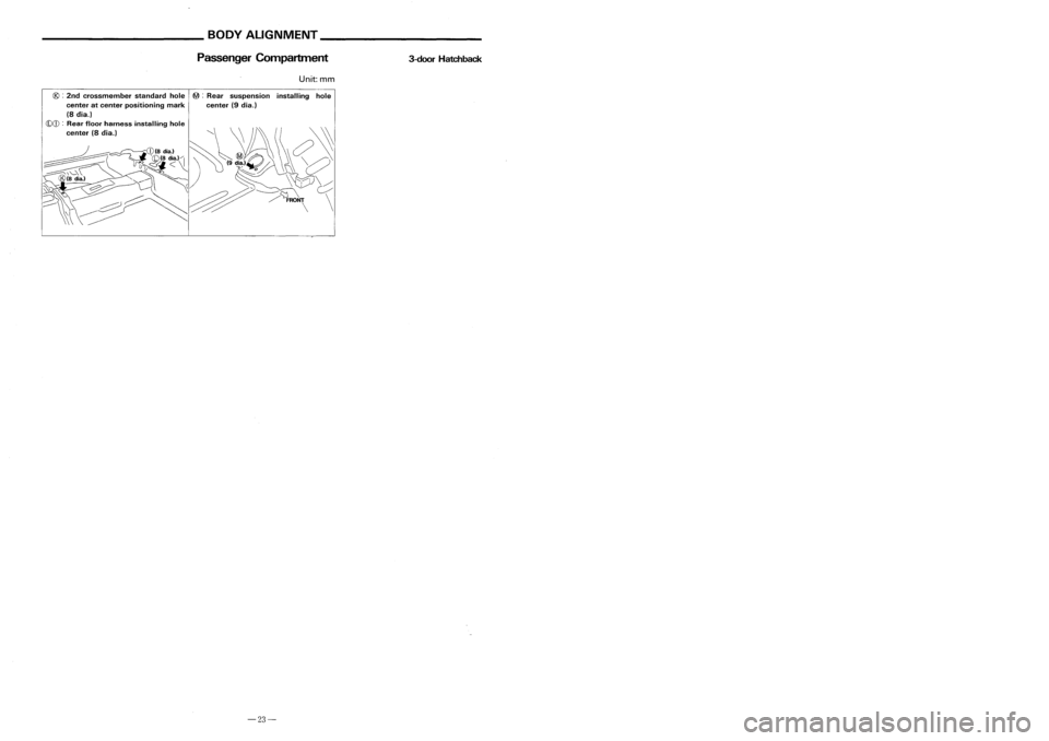 NISSAN ALMERA N15 1995  Service Manual _________ BODYALIGNMENT __________
BODYALIGNMENT _
Passenger Compartment
3-doorHatchback Passenger
Compartment 3-door
Hatchback

Unit: mm

@ :
2nd crossmember standardhole~:Rear suspension installingh