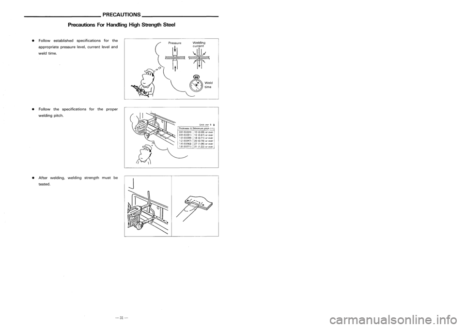 NISSAN ALMERA N15 1995  Service Manual __________ PRECAUTIONS _
_ BODYALIGNMENT _
Precautions ForHandling HighStrength Steel
PanelPartsMatching Marks

~ViewE

3-Door Hatchback
and 5-Door Hatchback

A
mark hasbeen placed oneach partofthe bo