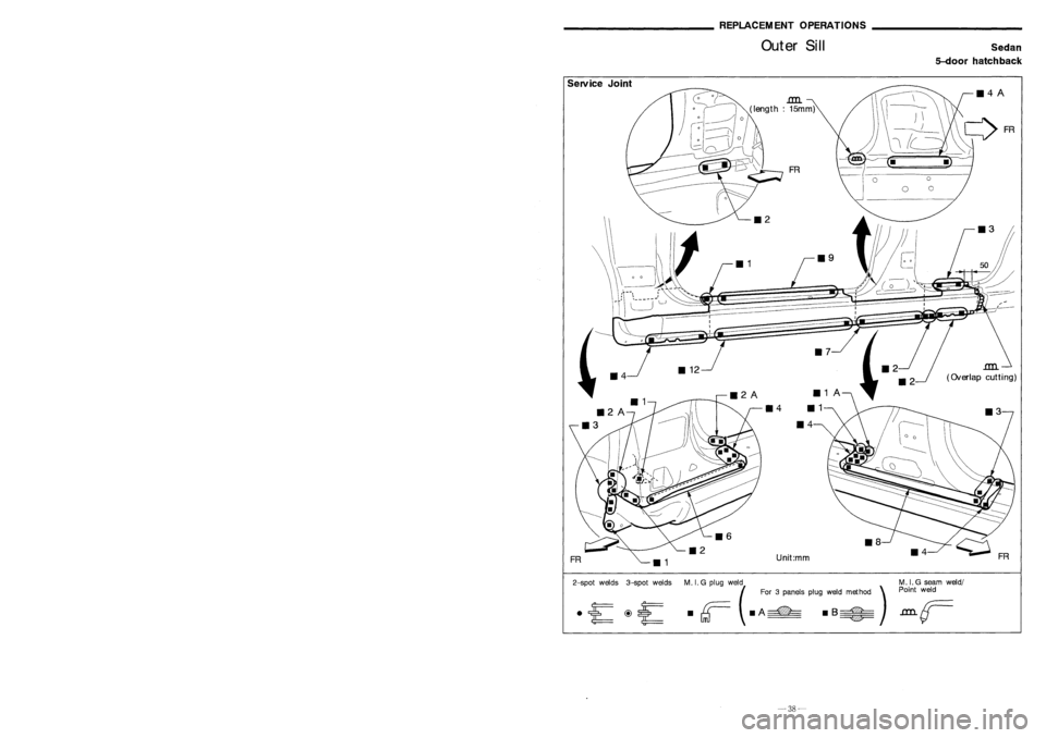 NISSAN ALMERA N15 1995  Service Manual Description REPLACEMENT
OPERATIONS
Outer Sill

Sedan

5-door hatchback

FR

_4A

.cm

(OIerlap cutting)

_4

117

Unit:mm 
119

112A 111A
114 111

114

M. I.G plug weld MIG seam weld/
(For 3panels plu