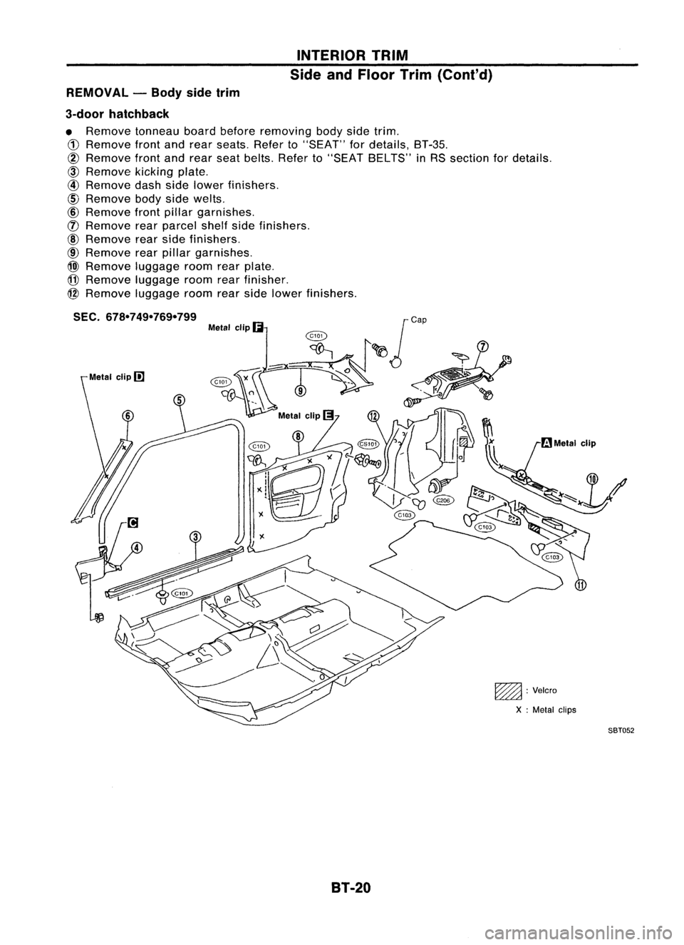 NISSAN ALMERA N15 1995  Service Manual INTERIORTRIM
Side andFloor Trim(Conl'd)
REMOVAL -Body sidetrim
3-door hatchback

• Remove tonneauboardbefore removing bodysidetrim.

CD 
Remove frontandrear seats. Referto"SEAT" fordetai