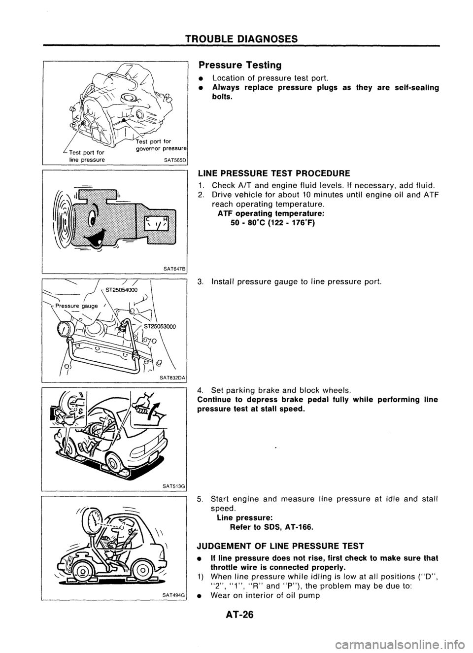 NISSAN ALMERA N15 1995  Service Manual TROUBLEDIAGNOSES

Pressure Testing
• Location ofpressure testport.
• Always replace pressure plugsasthey areself-sealing
bolts.

Test portfor
line pressure governor
pressure

SAT565D
LINEPRESSURE 