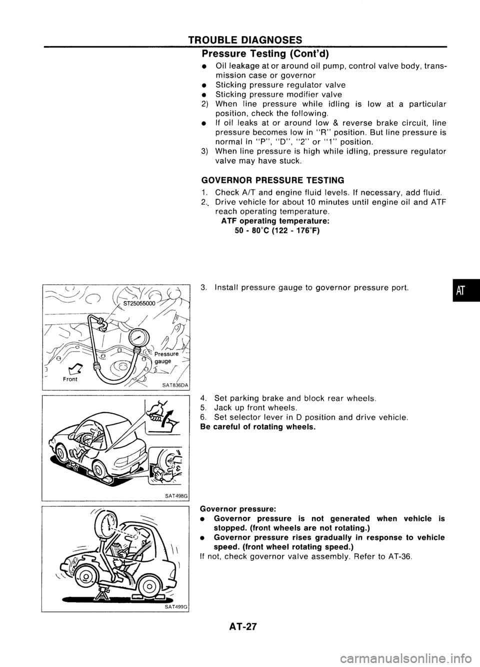 NISSAN ALMERA N15 1995 Service Manual '-)
(
~)o
Front
SAT498GTROUBLE
DIAGNOSES
Pressure Testing(Cont'd)
• Oilleakage ator around oilpump, control valvebody, trans-
mission caseorgovernor
• Sticking pressure regulator valve NISSAN ALMERA N15 1995 Service Manual '-)
(
~)o
Front
SAT498GTROUBLE
DIAGNOSES
Pressure Testing(Cont'd)
• Oilleakage ator around oilpump, control valvebody, trans-
mission caseorgovernor
• Sticking pressure regulator valve