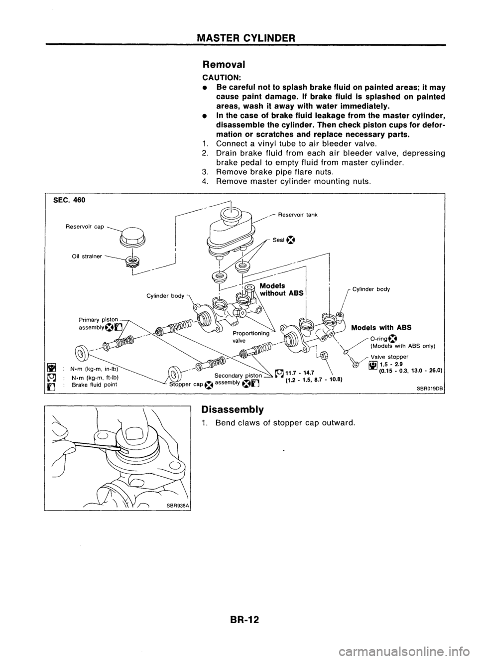 NISSAN ALMERA N15 1995 Service Manual MASTERCYLINDER
Removal
CAUTION:
• Becareful nottosplash brakefluidonpainted areas;itmay
cause paintdamage. Ifbrake fluidissplashed onpainted
areas, washitaway withwater immediately.
• Inthe case o NISSAN ALMERA N15 1995 Service Manual MASTERCYLINDER
Removal
CAUTION:
• Becareful nottosplash brakefluidonpainted areas;itmay
cause paintdamage. Ifbrake fluidissplashed onpainted
areas, washitaway withwater immediately.
• Inthe case o