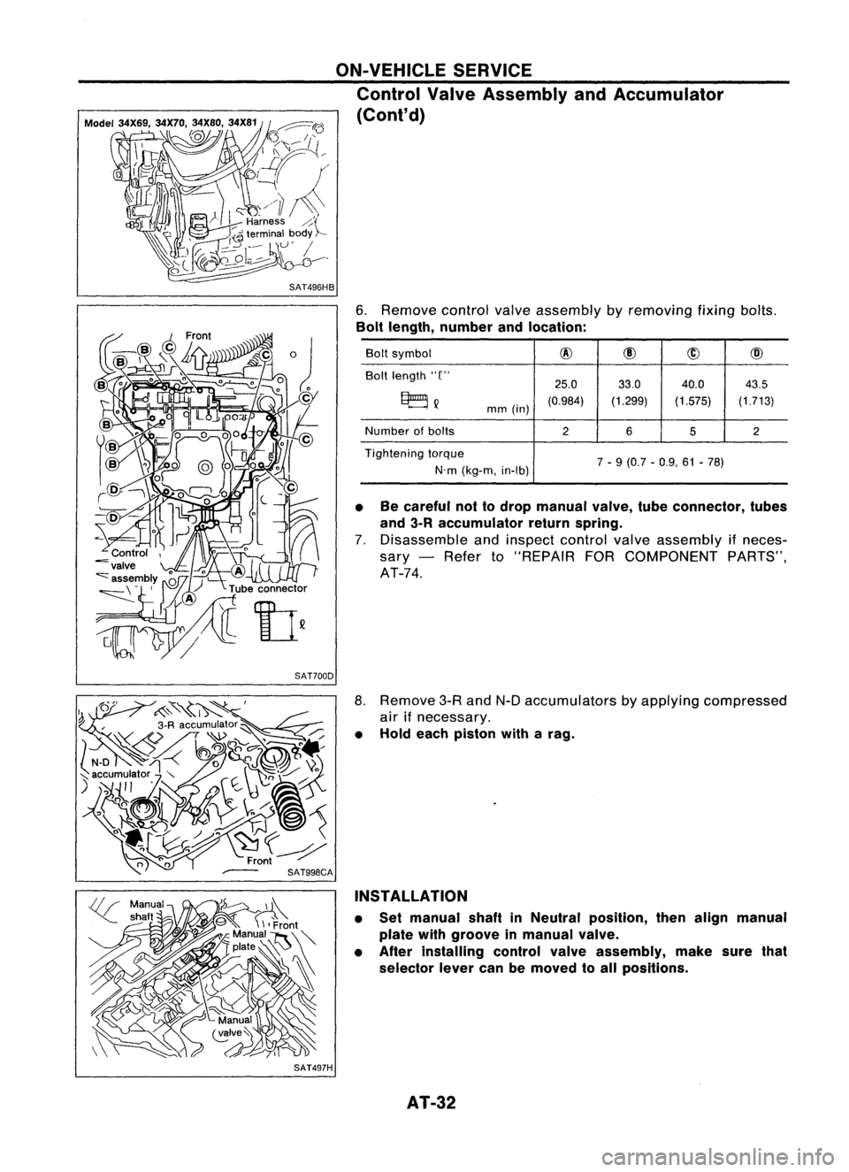 NISSAN ALMERA N15 1995  Service Manual SAT496HB
SAT700D ON-VEHICLE
SERVICE
Control ValveAssembly andAccumulator
(Cont'd)

6. Remove controlvalveassembly byremoving fixingbolts.

Bolt length, number andlocation:

Bolt symbol 
@
@

CID
@