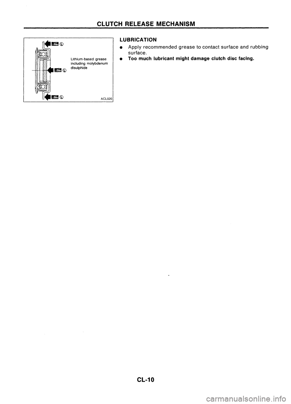 NISSAN ALMERA N15 1995  Service Manual CLUTCHRELEASE MECHANISM
LUBRICATION
Lithium-based grease
including molybdenum
disulphide
ACL020•
• 
Apply

recommended greasetocontact surface andrubbing
surface.

Too much lubricant mightdamage c