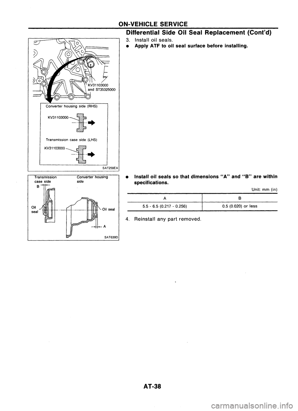 NISSAN ALMERA N15 1995  Service Manual Converterhousingside(RHS)
Transmission caseside(LHS)
SAT259EA ON-VEHICLE
SERVICE
Differential SideOilSeal Replacement (Cont'd)

3. Install oilseals.

• Apply ATFtooil seal surface beforeinstalli