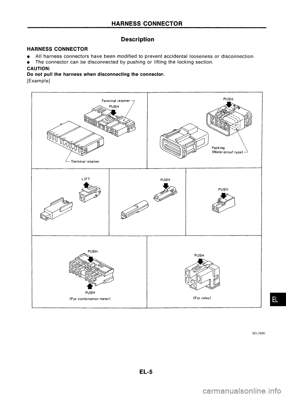 NISSAN ALMERA N15 1995  Service Manual 
Packing(Water-proof type)

HARNESS
CONNECTOR
Description
HARNESS CONNECTOR

• Allharness connectors havebeen modified toprevent accidental loosenessordisconnection.
• The connector canbedisconnec