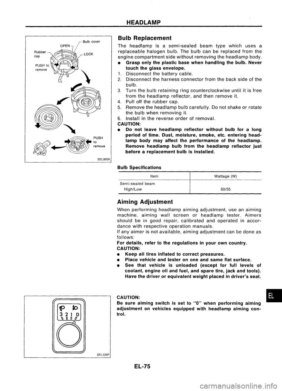NISSAN ALMERA N15 1995  Service Manual Bulbcover
SEL995K HEADLAMP
Bulb Replacement

The headlamp isasemi-sealed beamtypewhich usesa
replaceable halogenbulb.Thebulb canbereplaced fromthe
engine compartment sidewithout removing theheadlamp b