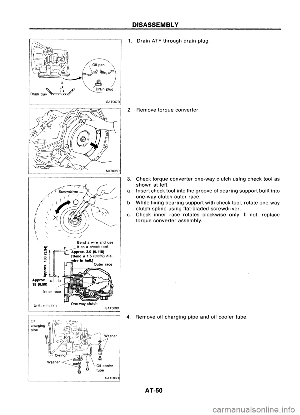 NISSAN ALMERA N15 1995  Service Manual DISASSEMBLY

J!in plug 
1.
Drain ATFthrough drainplug.

SAT007D 
2.Remove torqueconverter.
3. Check torque converter one-wayclutchusingcheck toolas
shown atleft.
a. Insert checktoolintothegroove ofbea