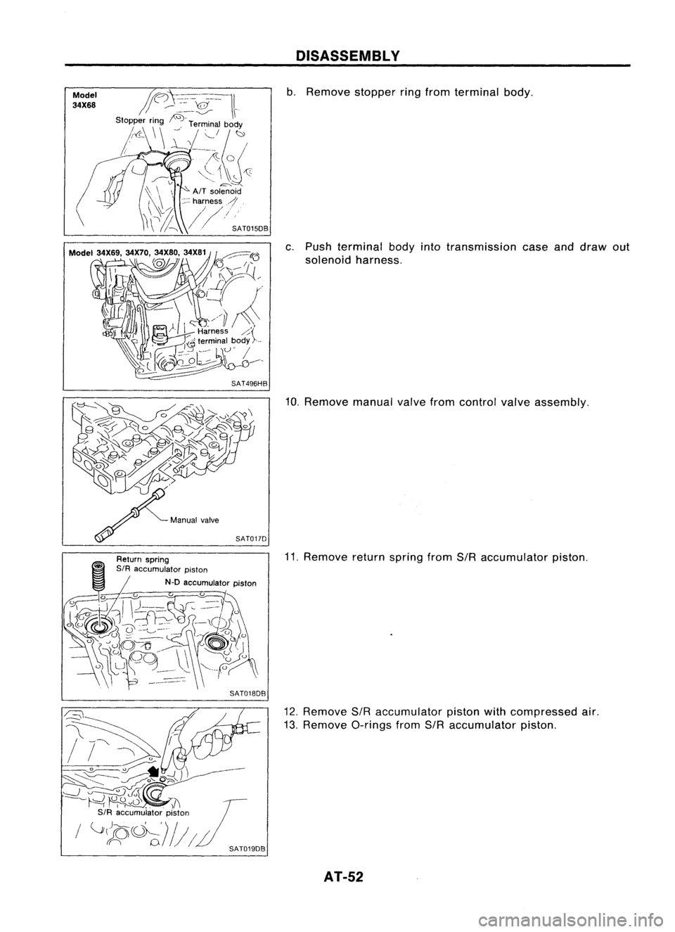 NISSAN ALMERA N15 1995  Service Manual 
Model

34X68

SAT496HB
SAT0170 
DISASSEMBL
Y

b. Remove stopperringfrom terminal body.
c. Push terminal bodyintotransmission caseanddraw out
solenoid harness.
10. Remove manualvalvefromcontrol valvea