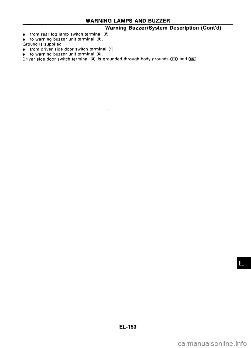 NISSAN ALMERA N15 1995  Service Manual WARNINGLAMPSANDBUZZER
Warning Buzzer/System Description(Cont'd)

• from rearfoglamp switch terminal @
• towarning buzzerunitterminal @.
Ground issupplied
• from driver sidedoor switch termin