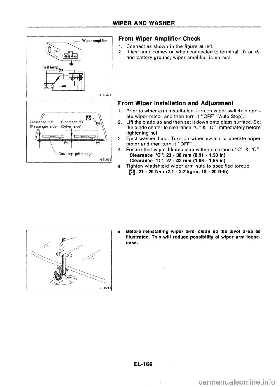 NISSAN ALMERA N15 1995  Service Manual ~Wiperamplifier
~~ 
t

Test lamp
SEL842TWIPER
ANDWASHER
Front Wiper Amplifier Check

1. Connect asshown inthe figure atleft.
2. Iftest lamp comes onwhen connected toterminal 
CD
or
@

and battery grou
