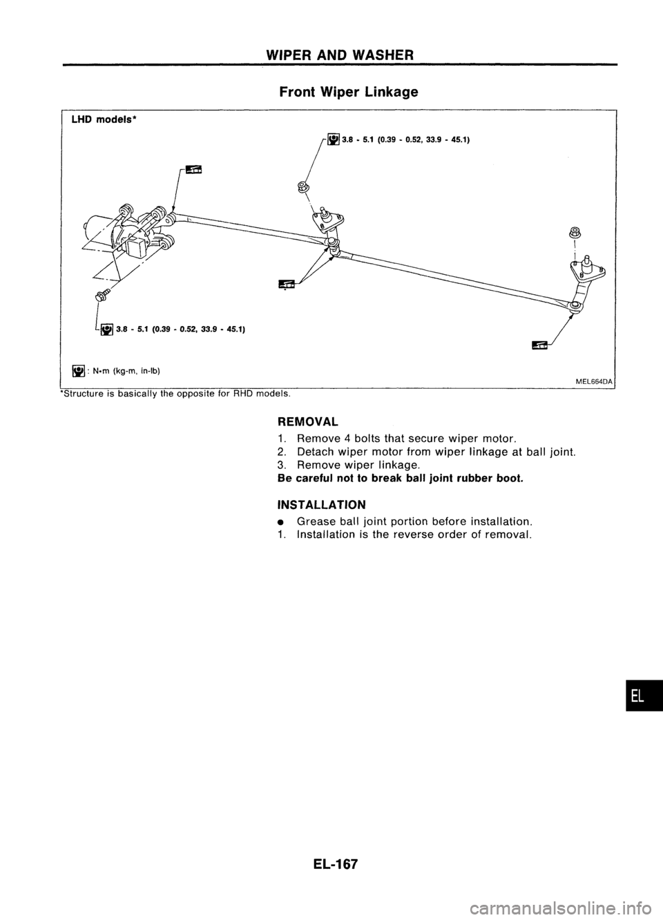 NISSAN ALMERA N15 1995  Service Manual WIPERANDWASHER
Front Wiper Linkage
LHD models*

jfiiJ
'.8.5.1('."•'.52, ".9.45.1)

\ 
\

~: N.m(kg-m, in-Ib) 
~
I

I

MEL664DA

'Structure isbasically theopposite forRHD mode