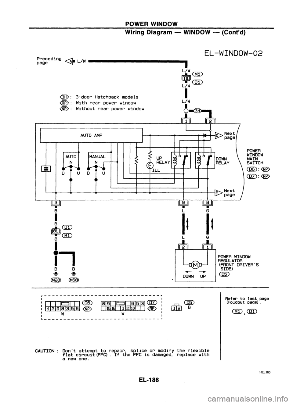NISSAN ALMERA N15 1995  Service Manual POWERWINDOW
Wiring Diagram -WINDOW -(Cont'd)

EL-WINDOW-02

POWER
WINDOW
MAIN SWITCH

CQID:@

@D:<Be>

UP

RELAY
ILL
MANUAL

N
D U

AUTO
AMP

AUTO 
N
QB):

3-door Hatchback models

@: 
With rear p