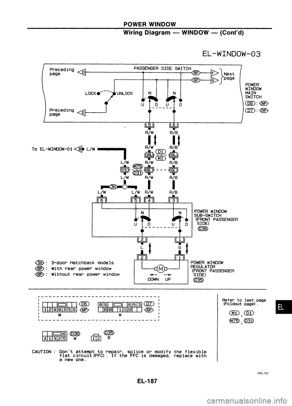 NISSAN ALMERA N15 1995  Service Manual POWERWINDOW
Wiring Diagram -WINDOW -(Cont'd)

EL-WINDOW-03

POWER
WINDOW
MAIN
SWITCH

CQID:<He>

CQD:@

N

N

LOCK .....-- UNLOCK

o

Preceding
page
Preceding
page

~~

R/W RIB
To EL-WINDOW-01 <@-