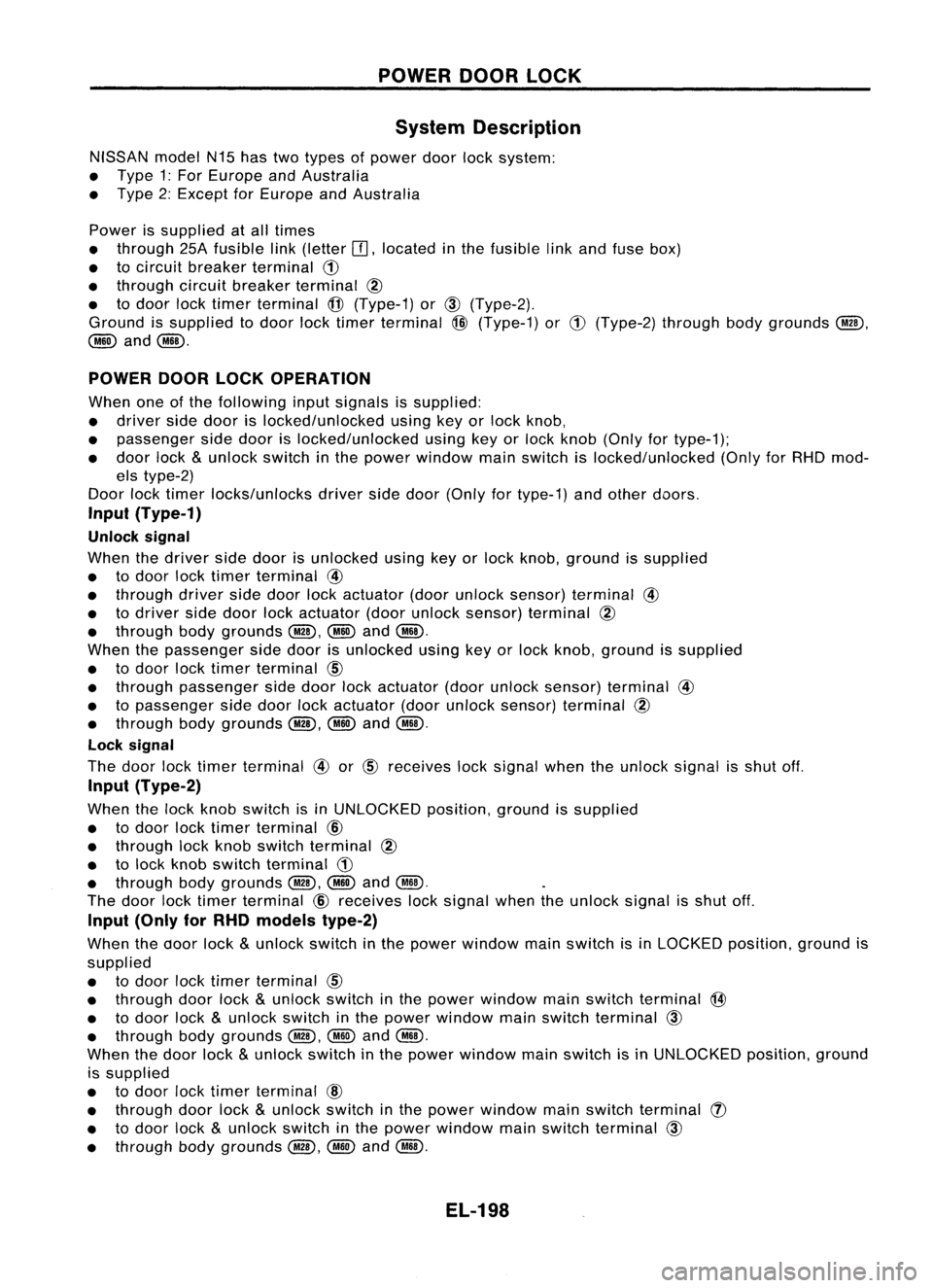 NISSAN ALMERA N15 1995 Service Manual POWERDOORLOCK
System Description
NISSAN modelN15hastwotypes ofpower doorlocksystem:
• Type 1:For Europe andAustralia
• Type 2:Except forEurope andAustralia
Power issupplied atall times
• throug NISSAN ALMERA N15 1995 Service Manual POWERDOORLOCK
System Description
NISSAN modelN15hastwotypes ofpower doorlocksystem:
• Type 1:For Europe andAustralia
• Type 2:Except forEurope andAustralia
Power issupplied atall times
• throug
