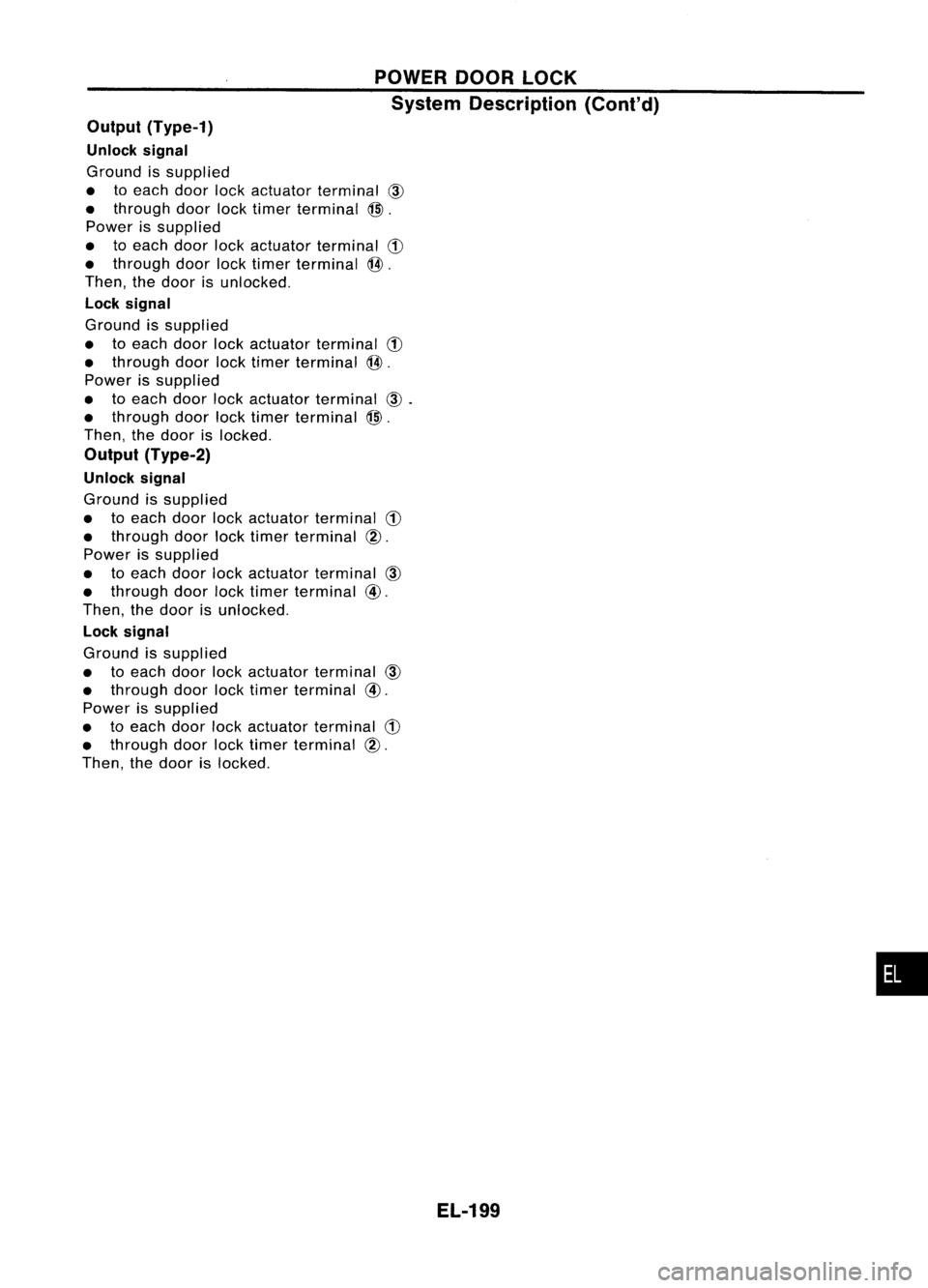 NISSAN ALMERA N15 1995  Service Manual POWERDOORLOCK
System Description (Cont'd)
Output (Type-1)
Unlock signal

Ground issupplied
• toeach doorlockactuator terminal 
CID

• through doorlocktimer terminal 
@J.

Power issupplied
• 