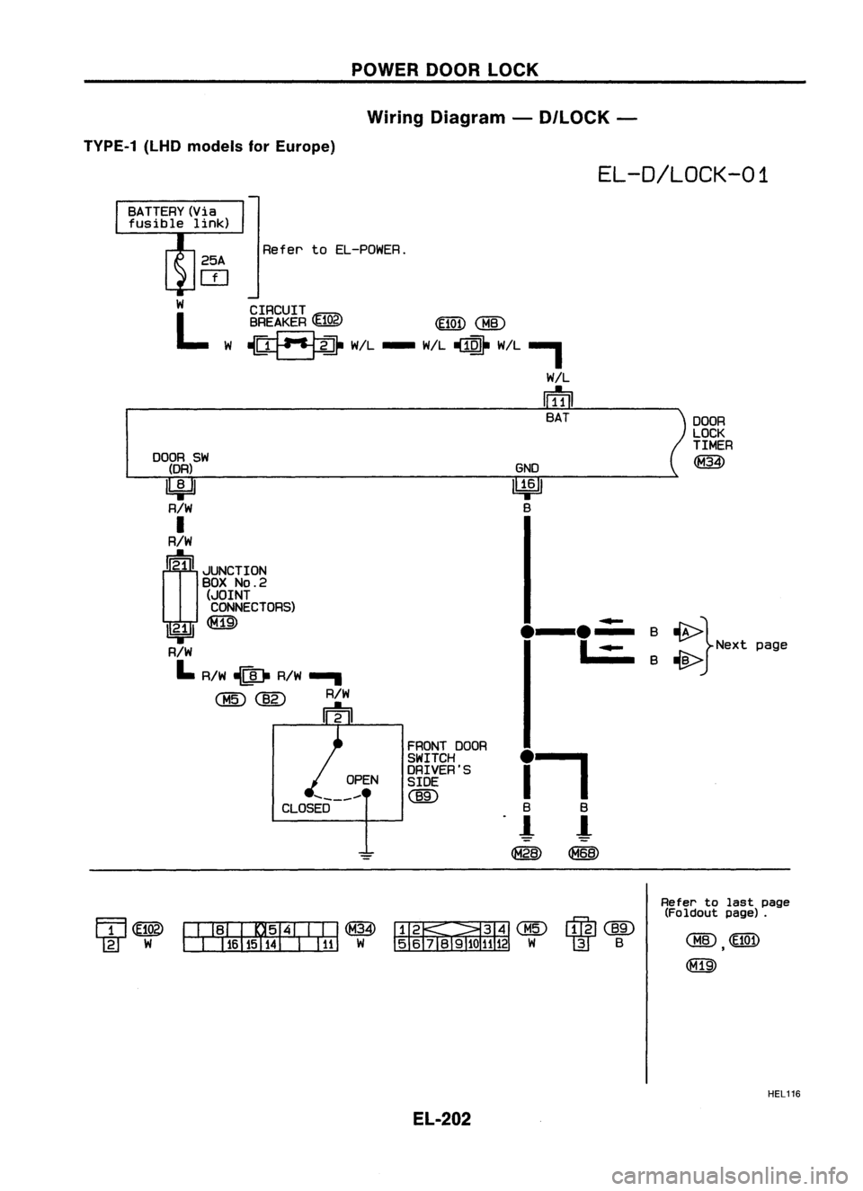 NISSAN ALMERA N15 1995  Service Manual POWERDOORLOCK
Wiring Diagram -D/LOCK -
TVPE-1 (LHDmodels forEurope)

EL-D/LOCK-01

Refer toEL-POWER.
DOOR
LOCK
TIMER

~

-B>} 
Next
page

~
~

e-e- 
B

I ~ 
B

GND

~ B

CIRCUIT
BREAKER 
(102) 
<E!Q.D