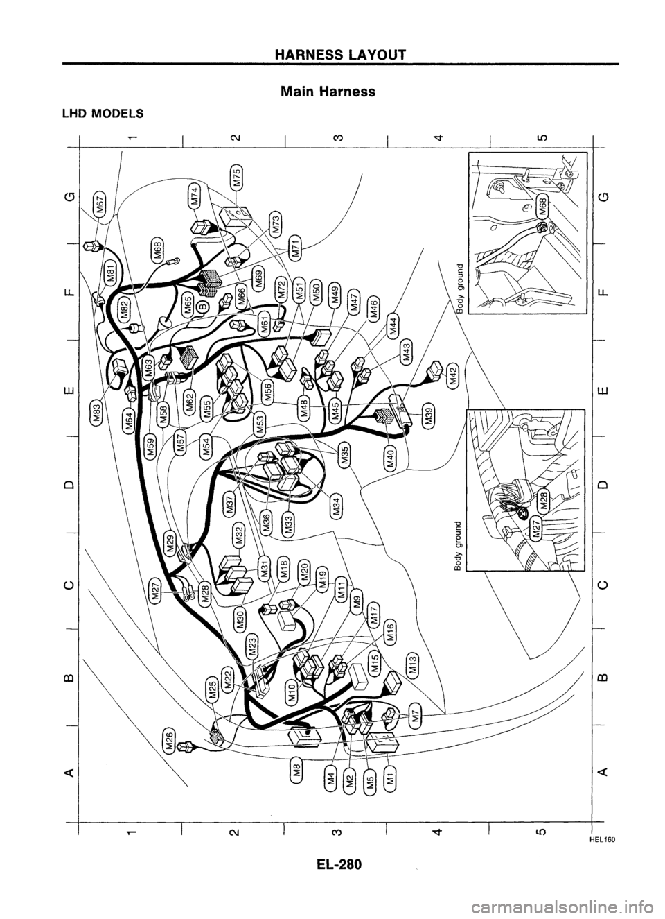 NISSAN ALMERA N15 1995  Service Manual LHDMODELS

u.. 
HARNESS
LAYOUT
Main Harness
EL-280 
LO

LO 
u..

w

o

()

co

«

HEL160 