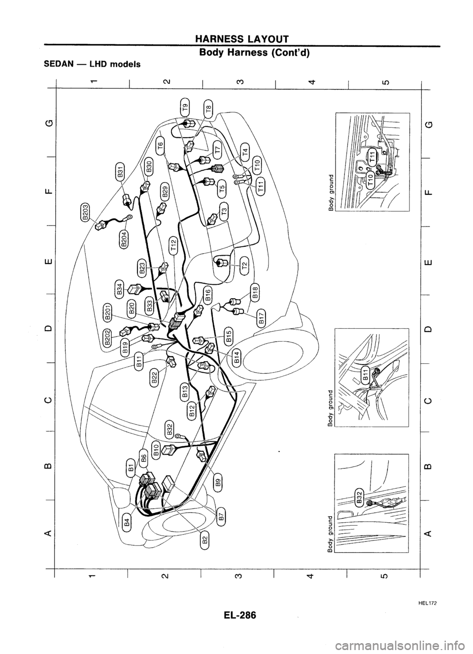 NISSAN ALMERA N15 1995  Service Manual SEDAN-LHD models
u.

w

« 
N

HARNESS
LAYOUT
Body Harness (Cont'd)
EL-286 
LO

LO 
u.

w

HEL 172 