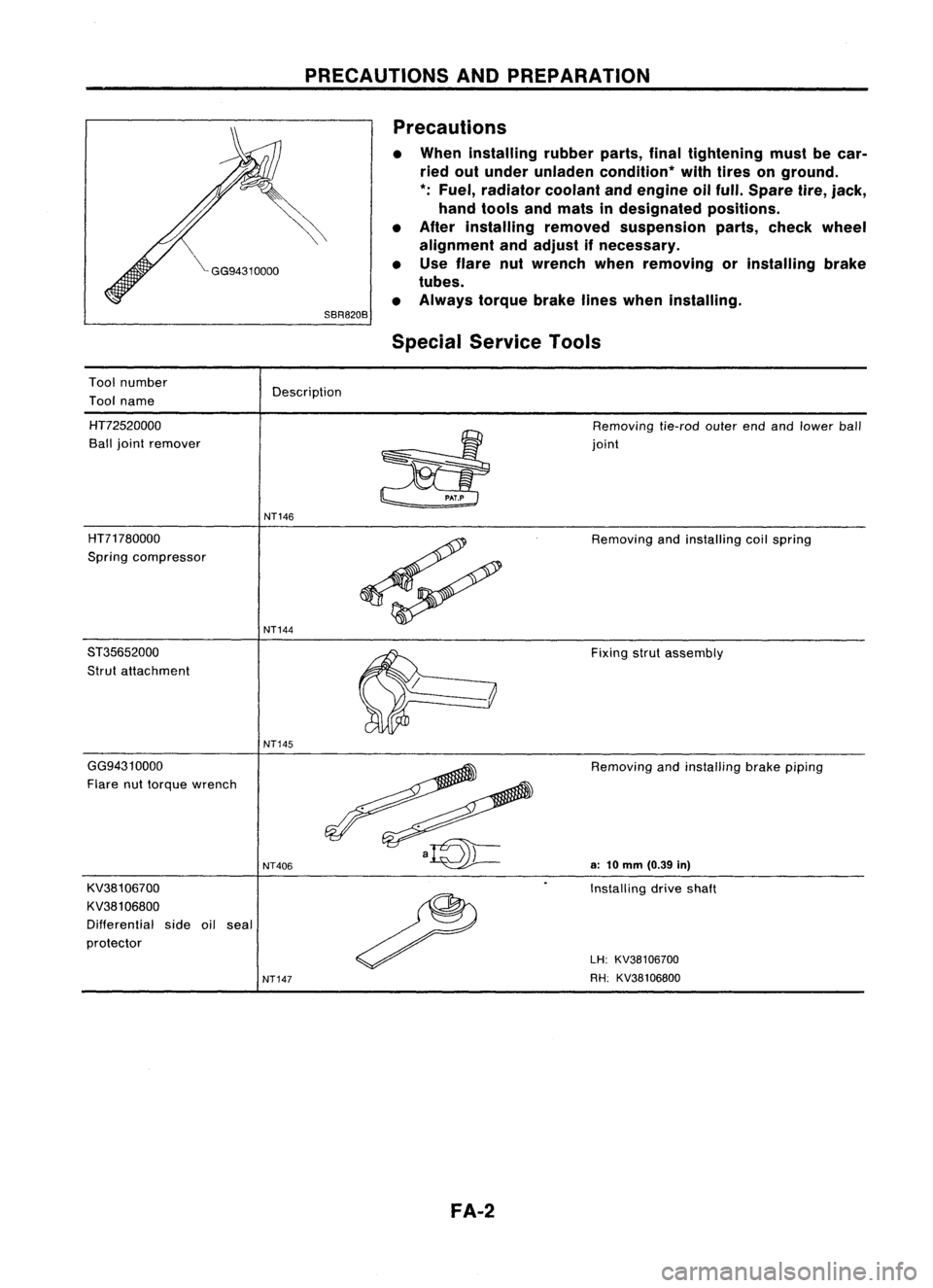 NISSAN ALMERA N15 1995  Service Manual PRECAUTIONSANDPREPARATION
Precautions
• When installing rubberparts,finaltightening mustbecar-
ried outunder unladen condition* withtires onground.
*: Fuel, radiator coolantandengine oilfull. Spare 
