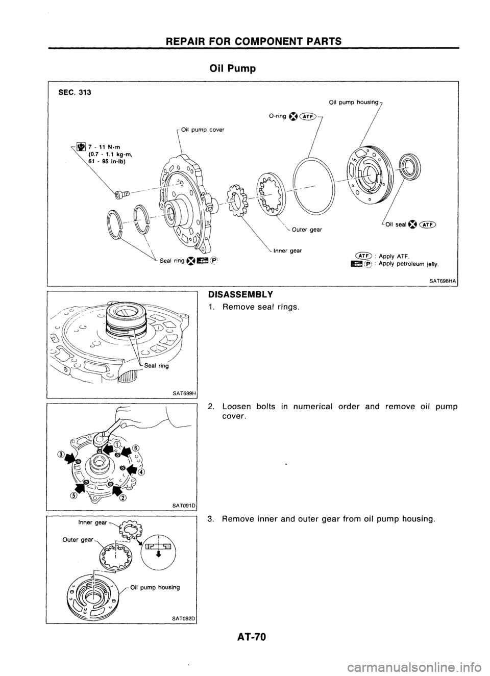 NISSAN ALMERA N15 1995  Service Manual 
SEC.313 
REPAIR
FORCOMPONENT PARTS
Oil Pump
a-ring
~@D

~ 7-11 N.m

(0.7 -1.1 kg-m,

61 -95 in-Ibj

\ 
o

Seal ring~
m 
C!'\ 
',-
Ouler gear
Inner gear

@V:
ApplyATF.

m 
C~):
Apply petroleum
