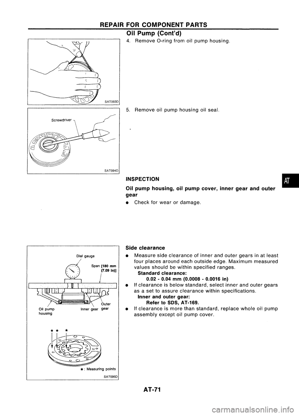 NISSAN ALMERA N15 1995  Service Manual REPAIRFORCOMPONENT PARTS
Oil Pump (Cont'd)

4. Remove O-ringfromoilpump housing.

( 
(

~) SAT093D

5.Remove oilpump housing oilseal.

SAT094D INSPECTION
Oil pump housing, oilpump cover, innergear