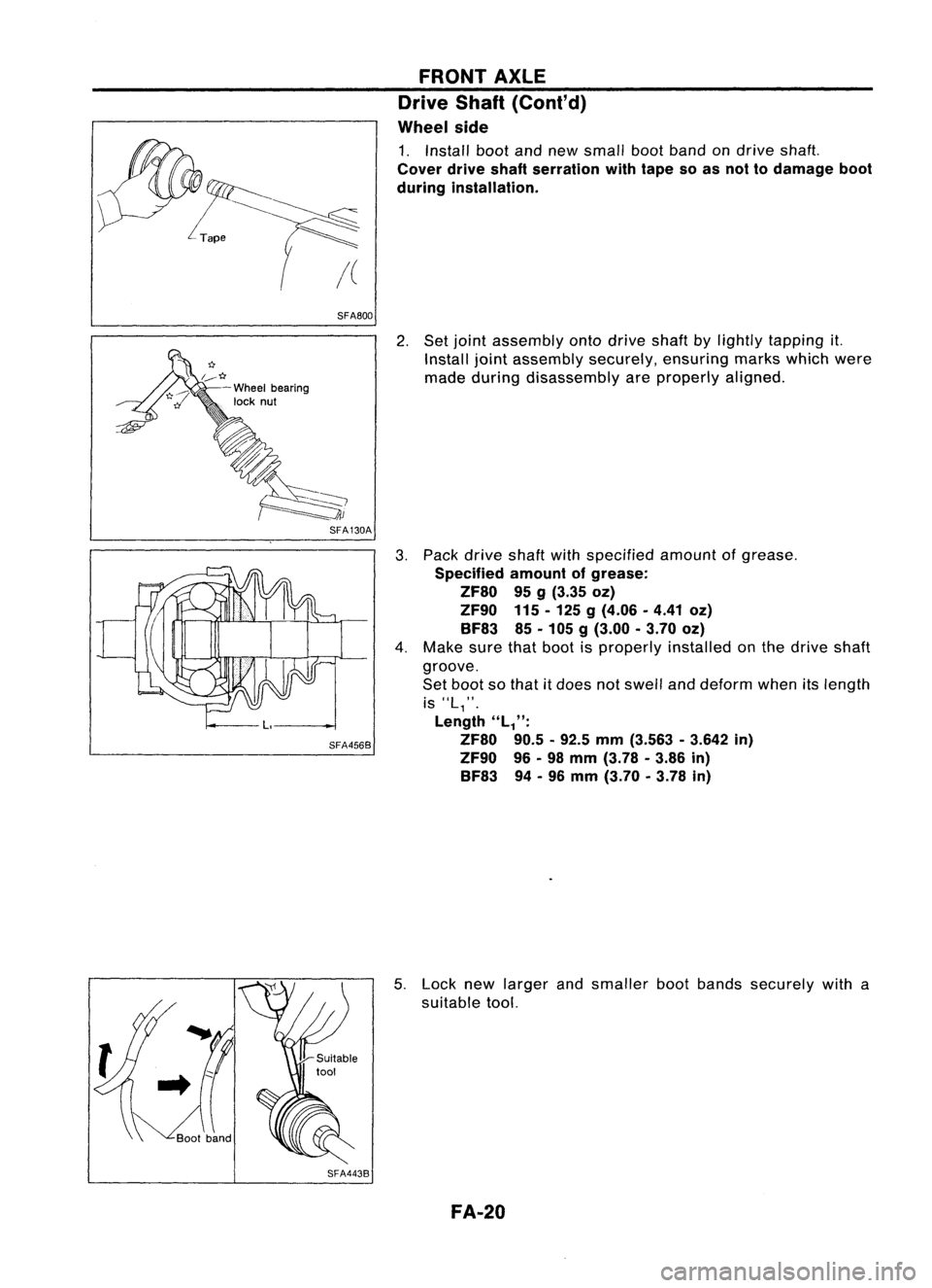 NISSAN ALMERA N15 1995  Service Manual SFA800

r:r

1..--* 
-Wheel bearing

lock nut

SFA130A
SFA4568
SFA4438 
FRONT
AXLE

Drive Shaft(Cont'd)
Wheel side

1. Install bootandnew small bootband on
drive 
shaft.

Cover driveshaftserration
