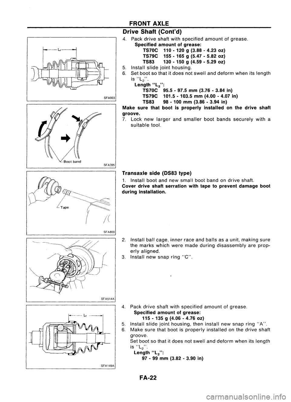 NISSAN ALMERA N15 1995  Service Manual SFA993
SFA395
SFA800
SFA514A
SFA149A 
FRONT
AXLE

Drive Shaft
(Cont'd)

4. Pack drive shaftwithspecified amountofgrease.

Specified amountofgrease:
TS70C 110-120 
g
(3.88 -4.23 oz)
TS79C 155-165 
