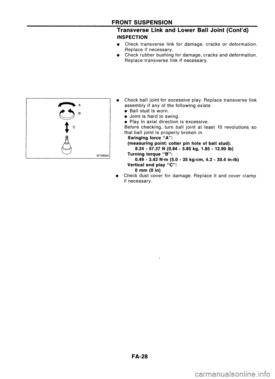NISSAN ALMERA N15 1995  Service Manual 
,...............A

SFA858AFRONT
SUSPENSION
Transverse LinkandLower BallJoint (Cont'd)
INSPECTION

• Check transverse linkfordamage, cracksordeformation.
Replace ifnecessary.
• Check rubber bu