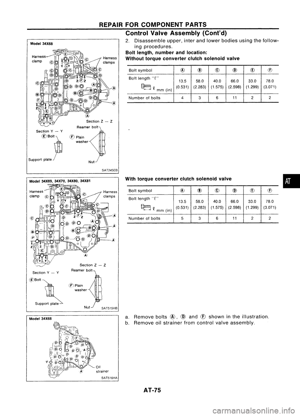 NISSAN ALMERA N15 1995  Service Manual SAT245EB
Nut

Section Z- Z

Reamer bolt 
•

Bolt
symbol 
@
@ @@

CID
cD

Bolt length 'T'

13.558.0 40.0 66.033.078.0

~Qmm(in) 
(0.531)
(2.283)(1.575)(2.598) (1.299)
(3.071)

Number ofbolts 