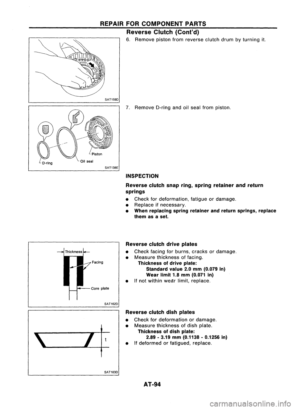 NISSAN ALMERA N15 1995  Service Manual REPAIRFORCOMPONENT PARTS
Reverse Clutch(Cont'd)

6. Remove pistonfromreverse clutchdrumbyturning 
it.

SAT159D 
7.Remove O-ringandoilseal from piston.

SAT13BE INSPECTION
Reverse clutchsnapring,sp