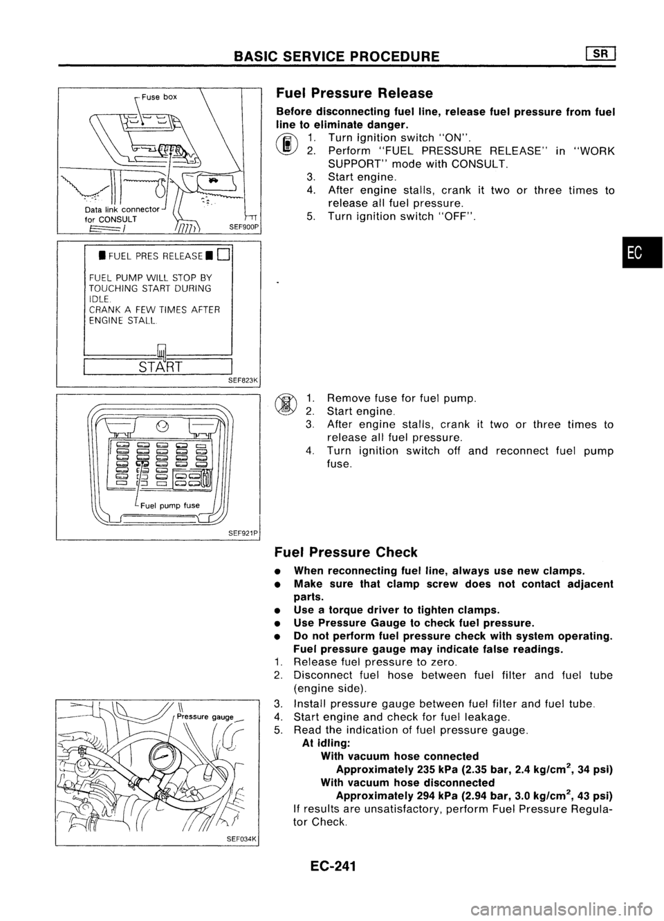 NISSAN ALMERA N15 1995  Service Manual 
~U5e
box
~~~

~11~1- 
Datalinkconnector ~"

for CONSULT
t=====/
• FUEL PRESRELEASE. D
FUEL PUMP WillSTOP BY
TOUCHING STARTDURING
IDLE.
CRANK AFEW TIMES AFTER
ENGINE STALL

---S-T~-RT-- 
BASIC
S
