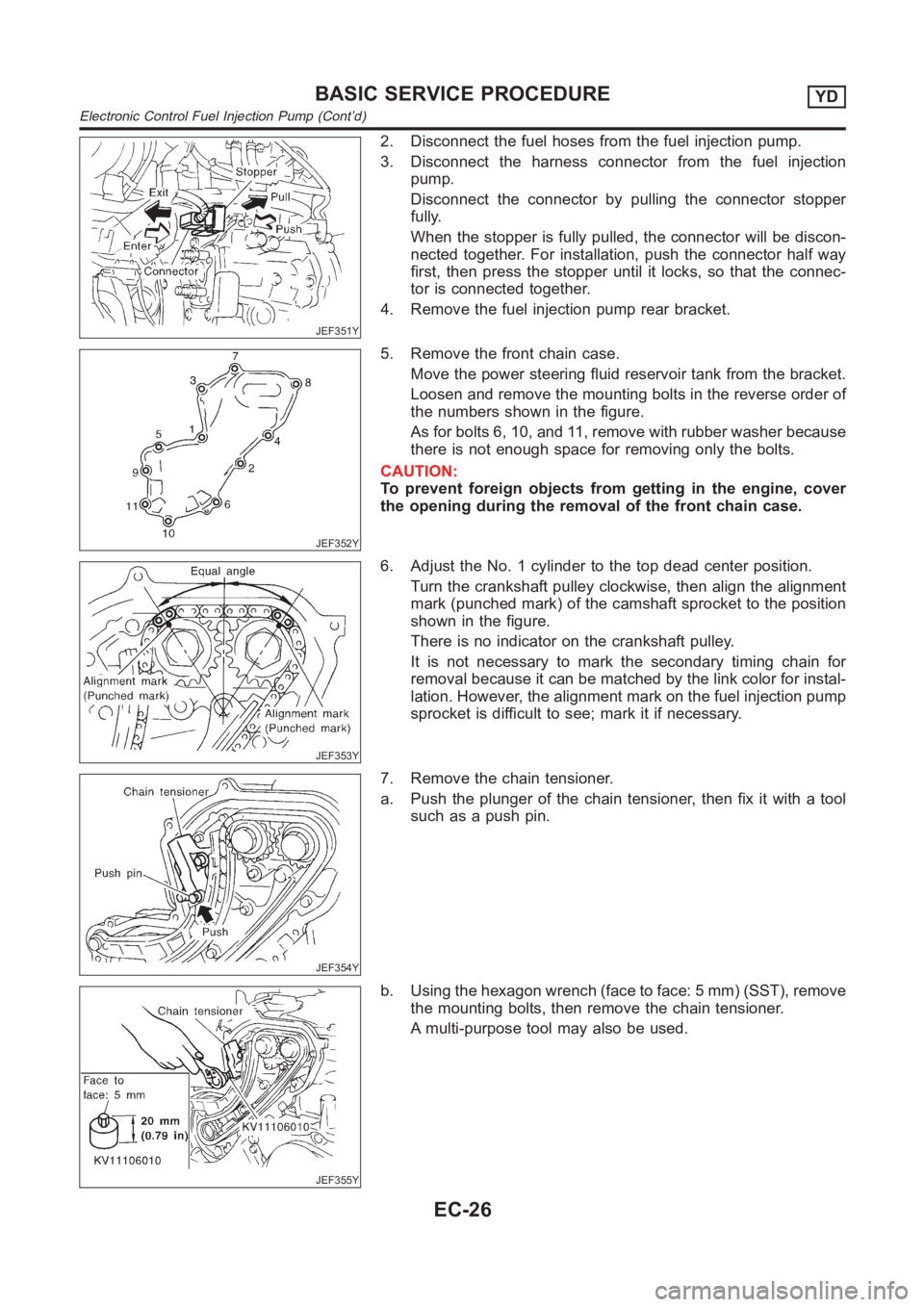 NISSAN ALMERA N16 2003 Electronic Repair Manual JEF351Y
2. Disconnect the fuel hoses from the fuel injection pump.
3. Disconnect the harness connector from the fuel injection
pump.
Disconnect the connector by pulling the connector stopper
fully.
Wh NISSAN ALMERA N16 2003 Electronic Repair Manual JEF351Y
2. Disconnect the fuel hoses from the fuel injection pump.
3. Disconnect the harness connector from the fuel injection
pump.
Disconnect the connector by pulling the connector stopper
fully.
Wh