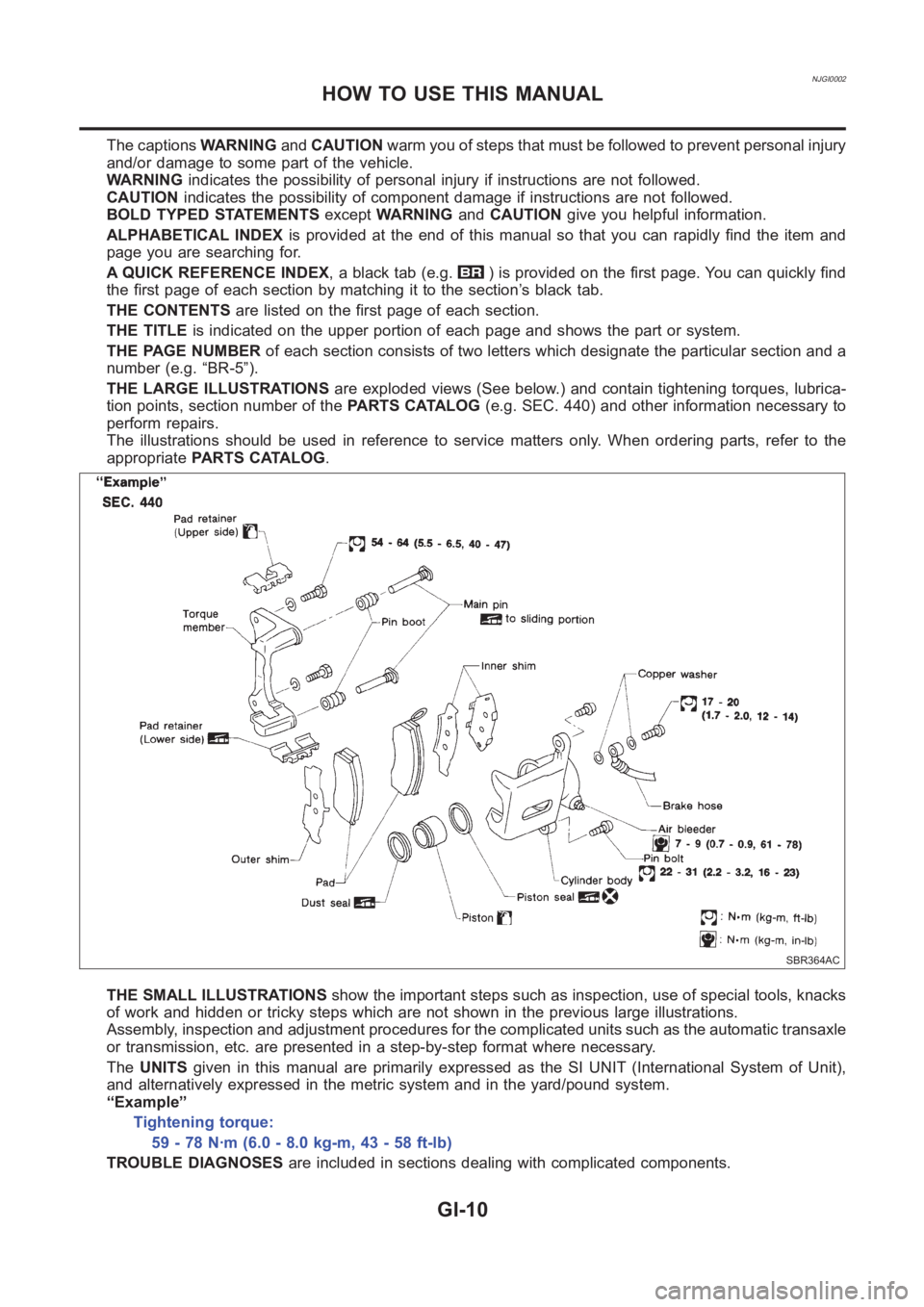 NISSAN ALMERA N16 2003  Electronic Repair Manual NJGI0002
The captionsWARNINGandCAUTIONwarm you of steps that must be followed to prevent personal injury
and/or damage to some part of the vehicle.
WARNINGindicates the possibility of personal injury 