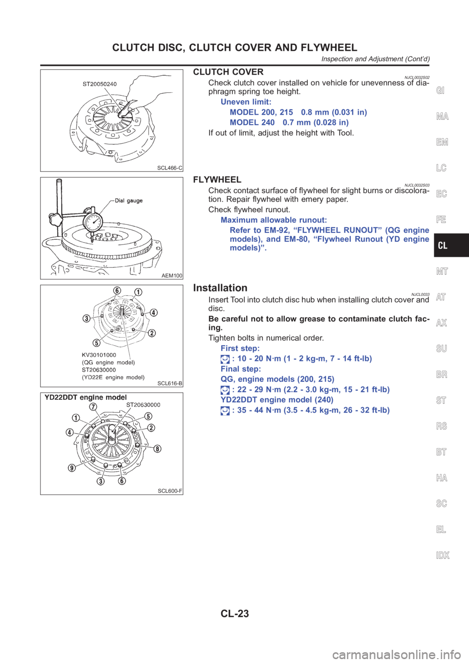 NISSAN ALMERA N16 2003 Electronic Repair Manual SCL466-C
CLUTCH COVERNJCL0032S02Check clutch cover installed on vehicle for unevenness of dia-
phragm spring toe height.
Uneven limit:
MODEL 200, 215 0.8 mm (0.031 in)
MODEL 240 0.7 mm (0.028 in)
If o NISSAN ALMERA N16 2003 Electronic Repair Manual SCL466-C
CLUTCH COVERNJCL0032S02Check clutch cover installed on vehicle for unevenness of dia-
phragm spring toe height.
Uneven limit:
MODEL 200, 215 0.8 mm (0.031 in)
MODEL 240 0.7 mm (0.028 in)
If o