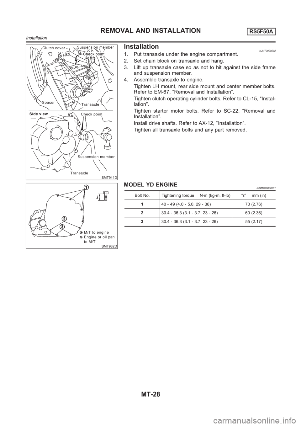 NISSAN ALMERA N16 2003  Electronic Repair Manual SMT941D
InstallationNJMT0090S021. Put transaxle under the engine compartment.
2. Set chain block on transaxle and hang.
3. Lift up transaxle case so as not to hit against the side frame
and suspension