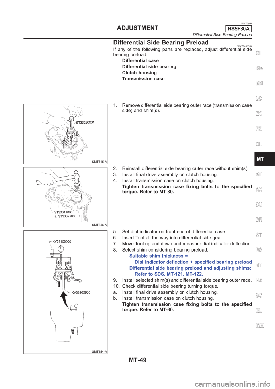 NISSAN ALMERA N16 2003 Electronic Repair Manual NJMT0091
Differential Side Bearing PreloadNJMT0091S01If any of the following parts are replaced, adjust differential side
bearing preload.
Differential case
Differential side bearing
Clutch housing
Tr NISSAN ALMERA N16 2003 Electronic Repair Manual NJMT0091
Differential Side Bearing PreloadNJMT0091S01If any of the following parts are replaced, adjust differential side
bearing preload.
Differential case
Differential side bearing
Clutch housing
Tr