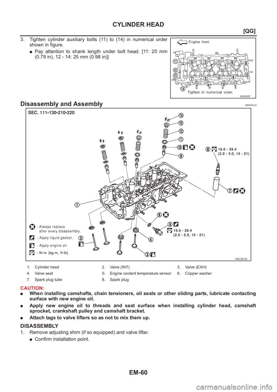 NISSAN ALMERA N16 2003  Electronic Repair Manual EM-60
[QG]
CYLINDER HEAD
3. Tighten cylinder auxiliary bolts (11) to (14) in numerical order
shown in figure.
●Pay  attention  to  shank  length  under  bolt  head.  [11:  20  mm
(0.79 in), 12 - 14: