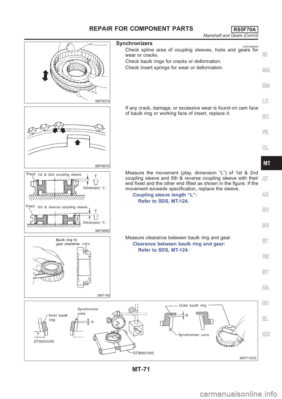 NISSAN ALMERA N16 2003  Electronic Repair Manual SMT637A
SynchronizersNJMT0060S02Check spline area of coupling sleeves, hubs and gears for
wear or cracks.
Check baulk rings for cracks or deformation.
Check insert springs for wear or deformation.
SMT