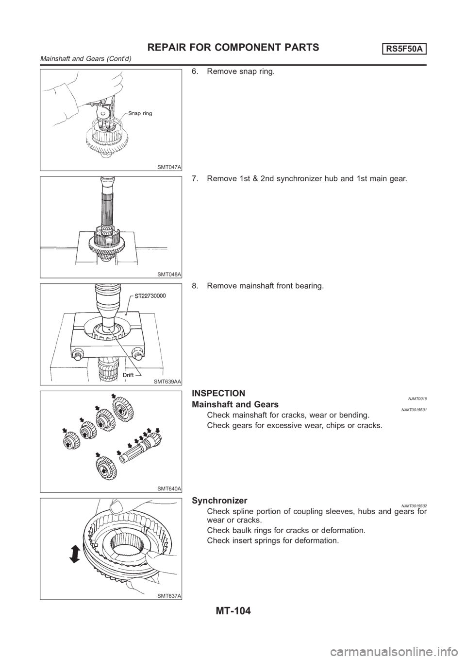 NISSAN ALMERA N16 2003  Electronic Repair Manual SMT047A
6. Remove snap ring.
SMT048A
7. Remove 1st & 2nd synchronizer hub and 1st main gear.
SMT639AA
8. Remove mainshaft front bearing.
SMT640A
INSPECTIONNJMT0015Mainshaft and GearsNJMT0015S01Check m