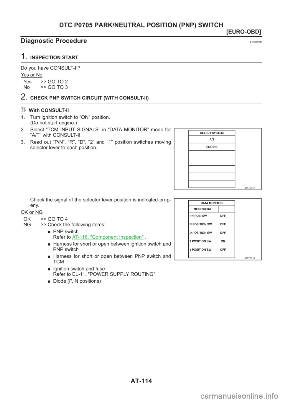 NISSAN ALMERA N16 2003  Electronic Repair Manual AT-114
[EURO-OBD]
DTC P0705 PARK/NEUTRAL POSITION (PNP) SWITCH
Diagnostic Procedure
ECS007O6
1. INSPECTION START
Do you have CONSULT-II?
Ye s   o r   N o
Yes >> GO TO 2
No >> GO TO 3
2. CHECK PNP SWIT