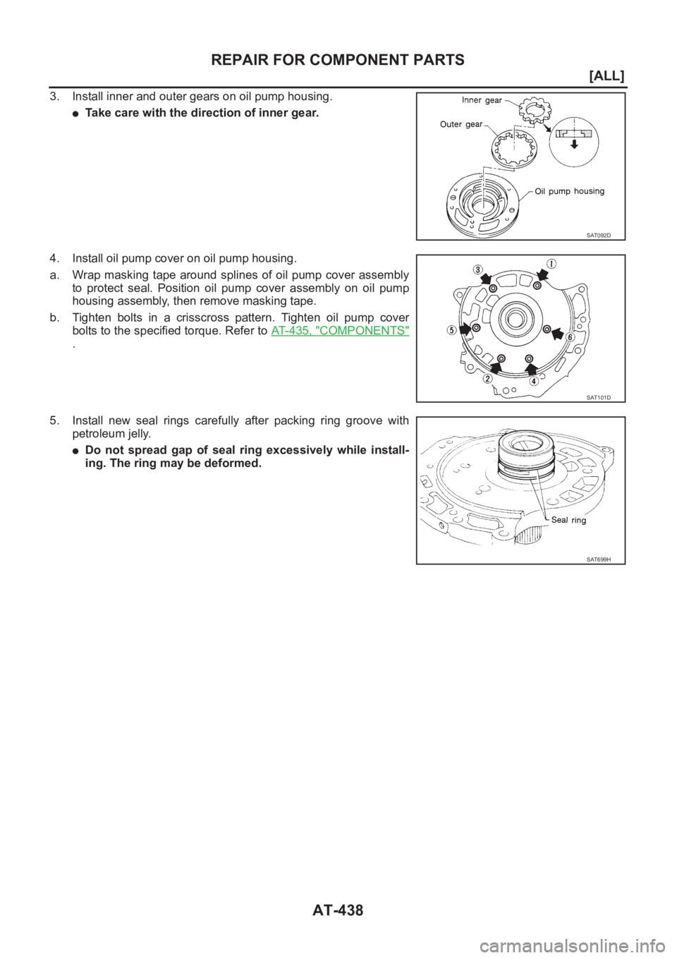 NISSAN ALMERA N16 2003  Electronic Repair Manual AT-438
[ALL]
REPAIR FOR COMPONENT PARTS
3. Install inner and outer gears on oil pump housing.
●Take care with the direction of inner gear.
4. Install oil pump cover on oil pump housing.
a. Wrap mask