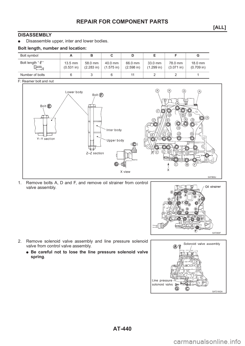 NISSAN ALMERA N16 2003  Electronic Repair Manual AT-440
[ALL]
REPAIR FOR COMPONENT PARTS
DISASSEMBLY
●Disassemble upper, inter and lower bodies.
Bolt length, number and location:
F: Reamer bolt and nut
1. Remove  bolts  A,  D  and  F,  and  remove